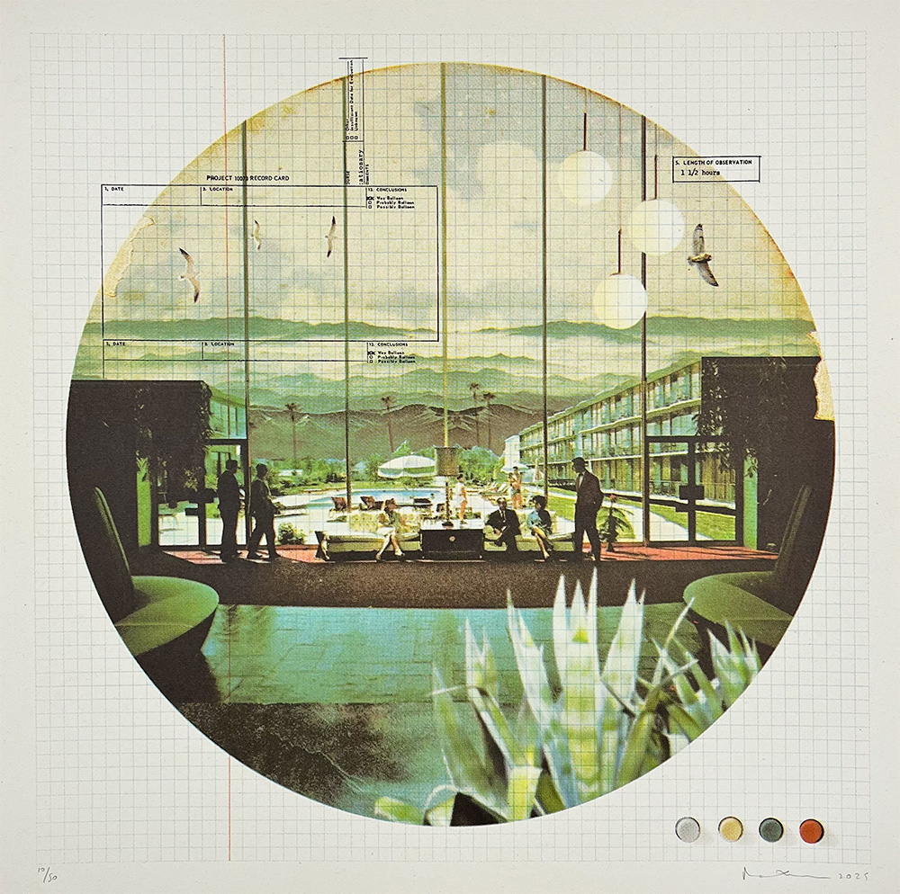 A circular collage shows people inside a modern glass building with mountain views, birds, plants, and graph paper overlay, with color swatches in the lower right corner.