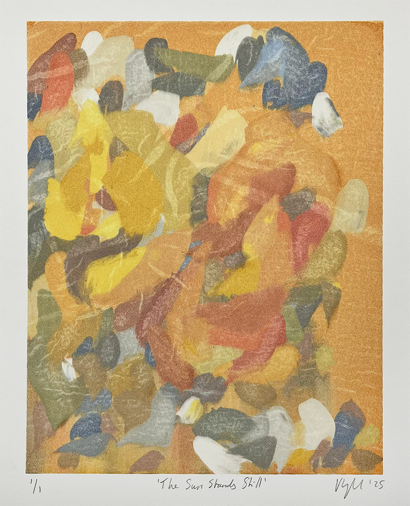 The Sun Stands Still, ghost - Mono Print features abstract, overlapping brush-like shapes in yellow, orange, blue, white, and brown set against a textured gold background.