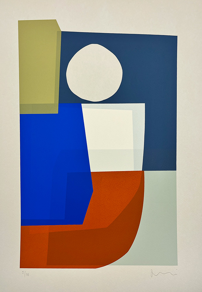 Topo - Limited Edition Screen Print features abstract geometric shapes in blue, red, beige, and white, with a prominent white circle at the top center and an artist’s signature at the bottom right.