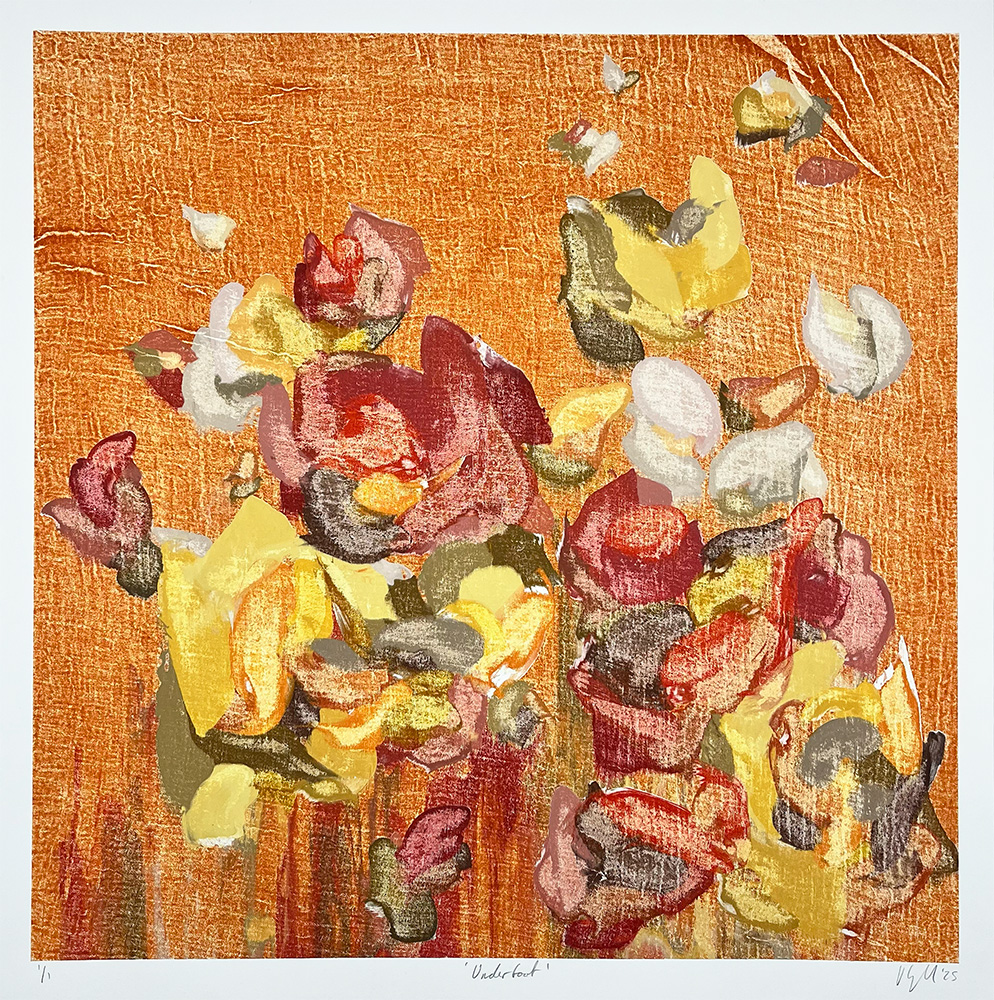 Underfoot - Mono Print: An abstract painting of flowers with red, yellow, and white petals on an orange textured background.