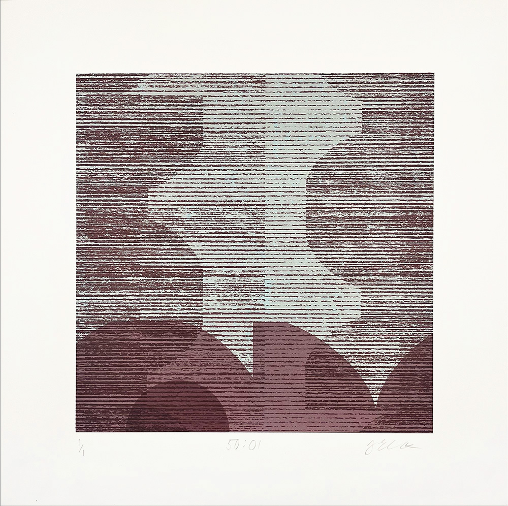 50:01 - Original Mono Print showcases overlapping burgundy and light blue geometric shapes with horizontal textured lines on a white background, bringing a unique, modern accent to any space.