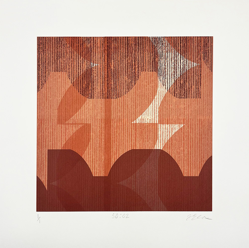50:02 - Original Mono Print showcases abstract geometric shapes and vertical lines in red, orange, and beige tones, creating a layered and textured look that adds a unique touch to any space.