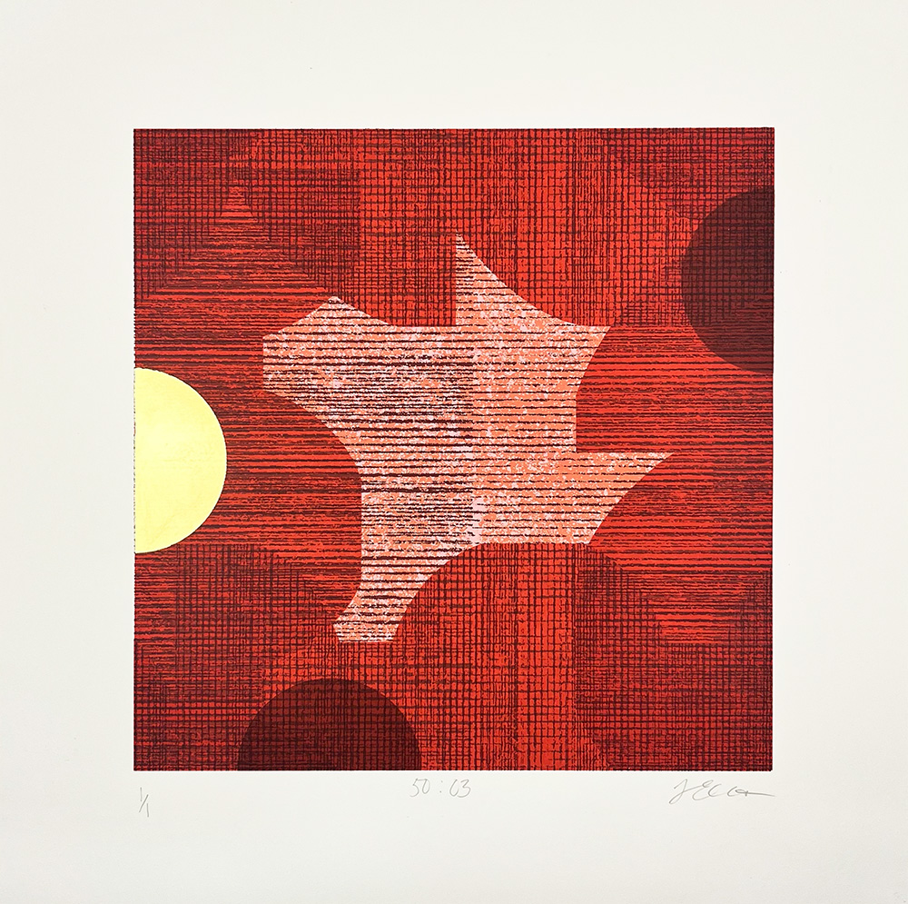 50:03 - Original Mono Print features abstract art with a red textured background, geometric shapes, a central off-white form, a yellow circle on the left, and bold dark circular patterns.