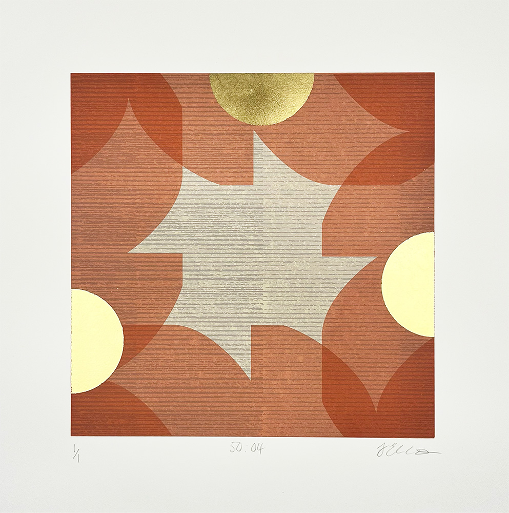 50:04 - Original Mono Print: Abstract geometric art with a central gray star, orange-red curves, and four yellow-gold circles on a white background.