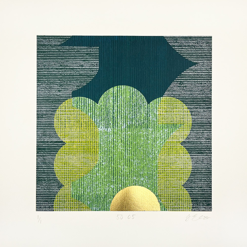 Abstract geometric artwork with overlapping green, yellow, and gold shapes on a white background, detailed with textured lines. Numbered and signed at the bottom. Product: 50:05 - Original Mono Print (Copy).