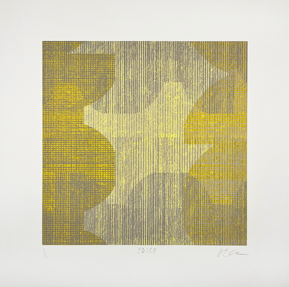 50:08 - Original Mono Print: Abstract artwork with intersecting yellow, olive, and gray textured shapes plus vertical and horizontal lines on a white background.