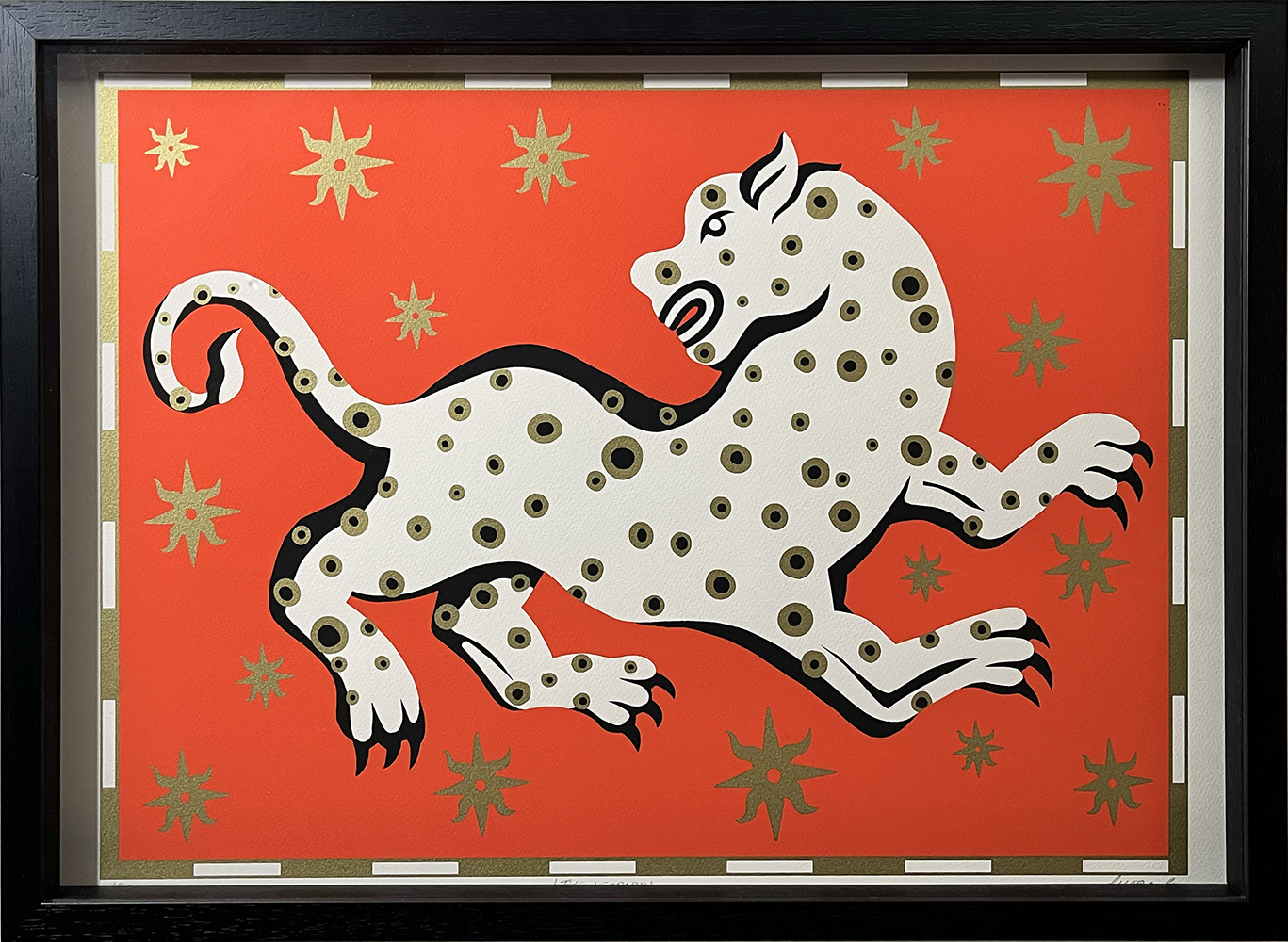 A striking white leopard with black and gold spots leaps across a vivid orange background adorned with gold star shapes in this captivating piece, titled The Leopard - Limited Edition Screen Print FRAMED.