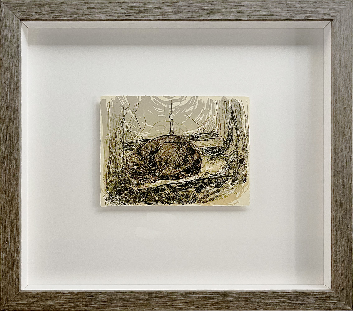 The Curly Cat - Stone Lithograph is a framed artwork with a small, abstract dark oval on a light background, centred within a wide white mount and wooden frame.