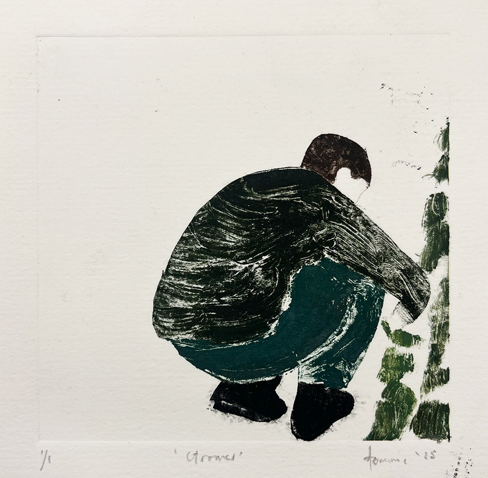 A Grower - Original Mono Type: Features a person with short dark hair, dressed in a green striped top and teal pants, crouching and reaching toward green brushstrokes on a white background.
