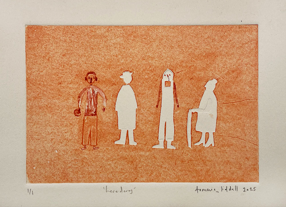 Herederos - Original Monotype: Features four abstract human figures in light brown and white standing side by side on a textured orange background.