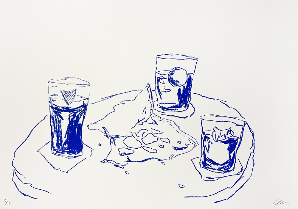 A line drawing of three glasses with ice and liquid on a round table, with melting ice forming a puddle in the center.