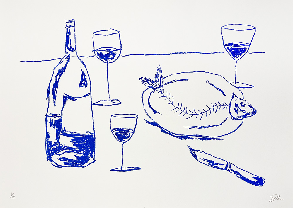 A blue line drawing of a fish on a plate, an empty bottle, three glasses with liquid, and a knife arranged on a tabletop.