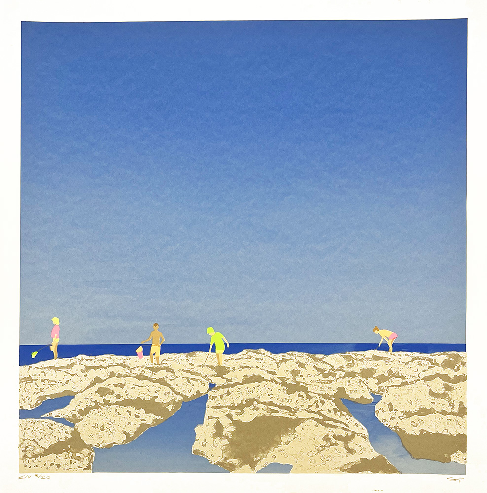Five people explore rocky terrain with the sea in the background under a clear sky in the vibrant "Rockpooling - Limited Edition Screen Print.