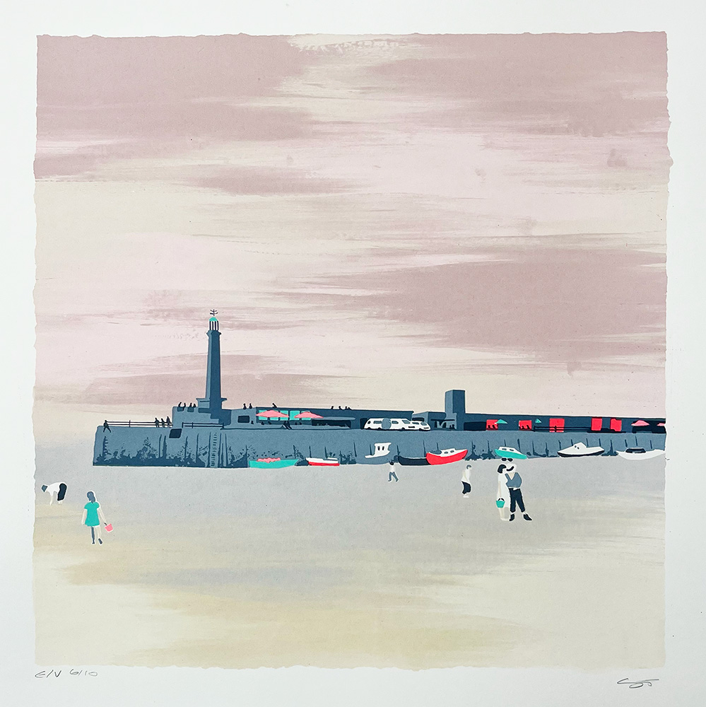 A pastel-toned illustration depicts people walking near a harbor with boats and a lighthouse under a cloudy pink and gray sky.