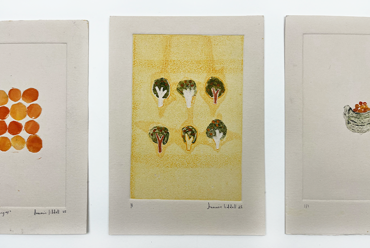 A print of six broccoli heads arranged in two rows on a yellow background, bordered by a white mat—perfect for those who appreciate affordable screen prints and artwork.
