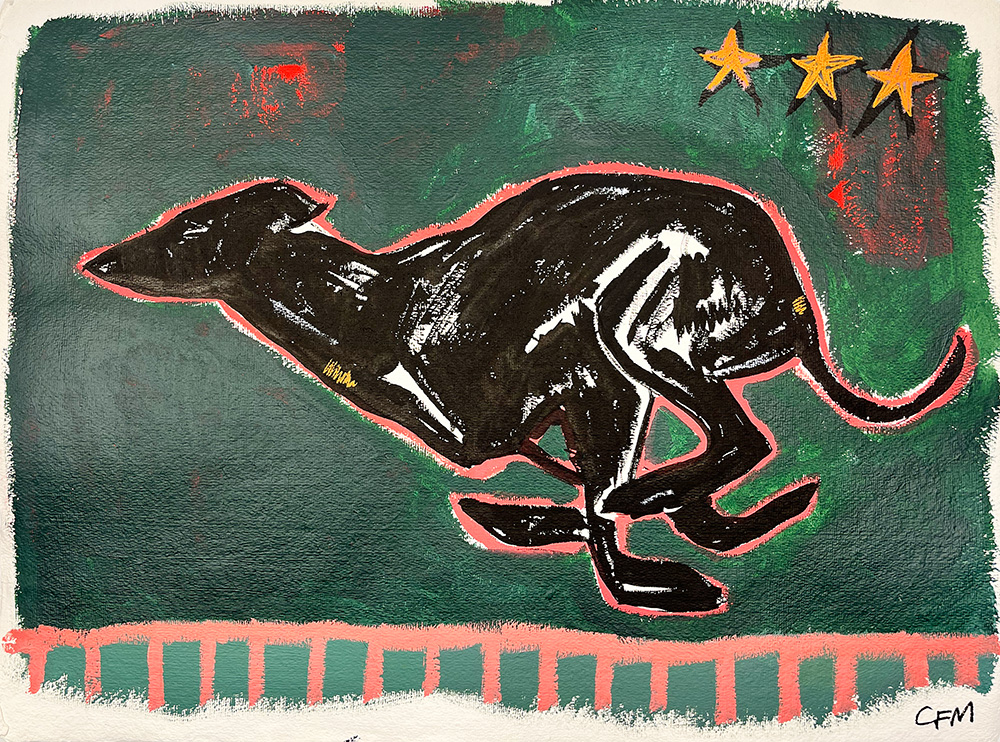 Against the Clock - Original on Paper features a stylized black greyhound racing against the clock on a green background, outlined in pink, with three yellow stars above and a pink fence below.