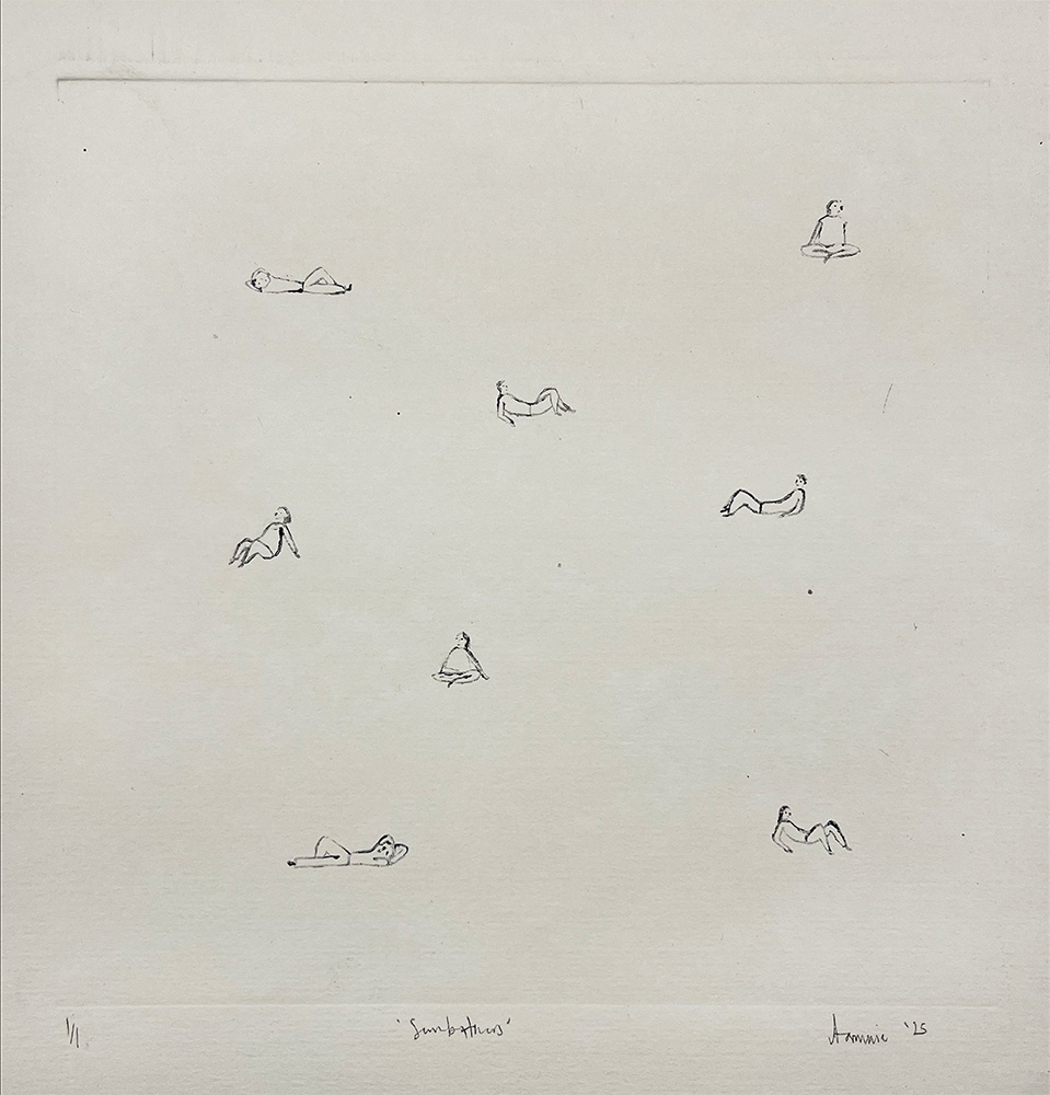 Sunbathers - Original Mono Type features nine minimalist line figures in different reclining and seated poses, spaced on a light background, evoking relaxed sunbathers.