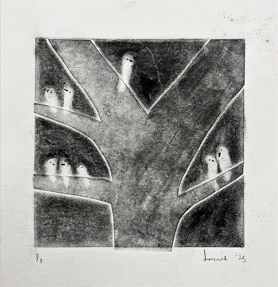 A Meeting - Original Mono Type is a textured, minimalist black and white print featuring five abstract owls perched on the branches of a tree.