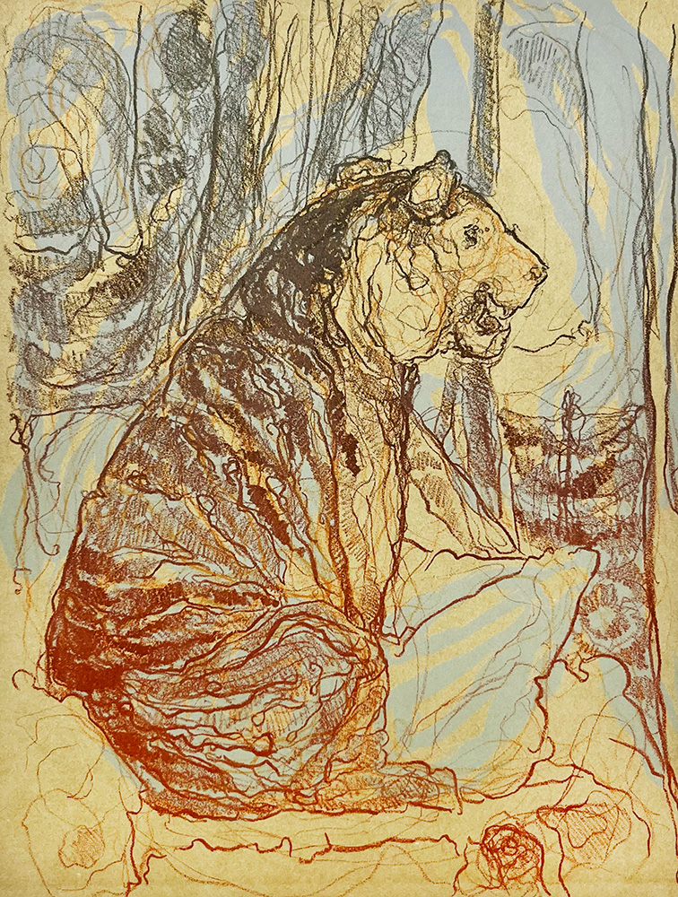 Line drawing of a tiger sitting on the ground, surrounded by abstract lines and muted colors in the background.