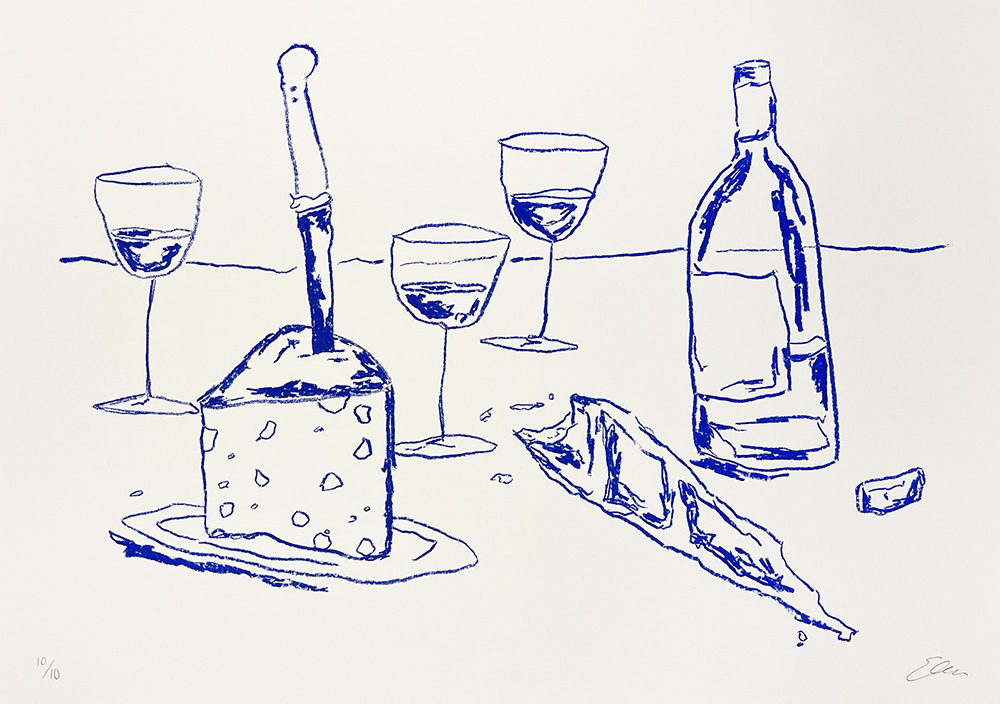 Line drawing of a cheese block with knife, baguette, wine bottle, and three wine glasses, all outlined in blue on a white background.