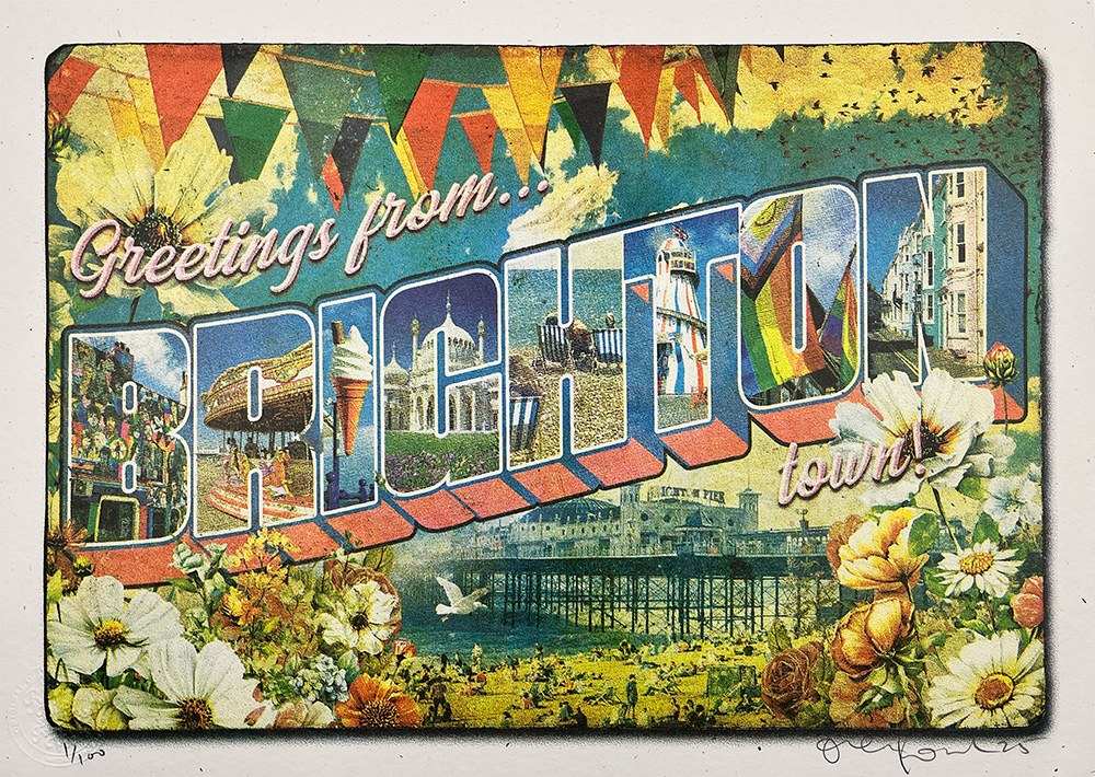 The Greetings From Brighton - Limited Edition Screen Print features a colorful vintage-style postcard with local landmarks, flowers, and bunting—an ideal collectible for Brighton lovers.