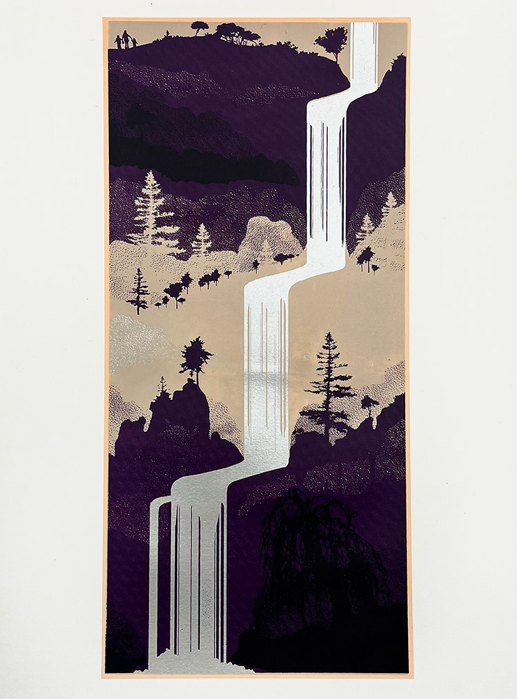 Cascade - Limited Edition Screen Print features a stylized illustration of a multi-tiered waterfall flowing down rocky cliffs, with trees, animals, and two people silhouetted on a hill in the background.