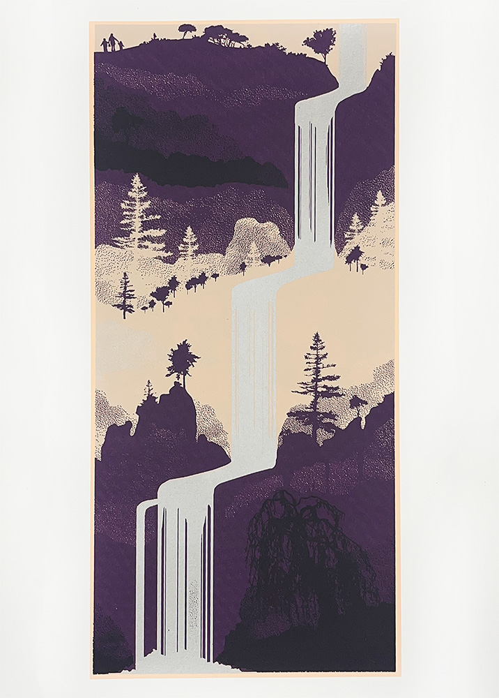 Cascade - Limited Edition Screen Print features a stylized multi-tiered waterfall flowing through a forested landscape, with trees, rocks, and distant silhouettes of people and animals.