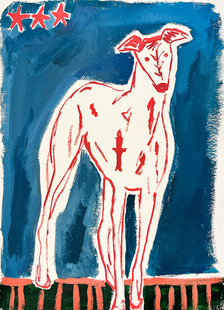 Confront - Original on Paper features a stylized dog with a red outline standing on stripes, facing the viewer against a blue background with three red stars in the upper left corner.