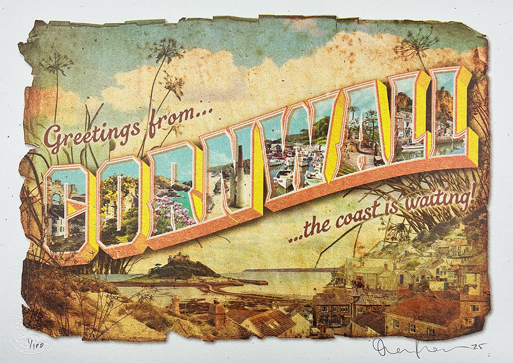 The Greetings From Cornwall - Limited Edition Screen Print features a vintage postcard design with "Greetings from Cornwall" in scenic-filled letters and stunning coastal views in the background.