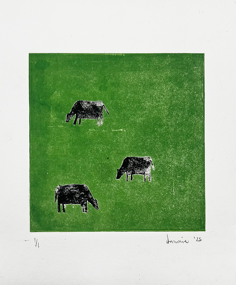 Cows - Original Mono Type print features three black cows grazing on a green field, centered within a white border.