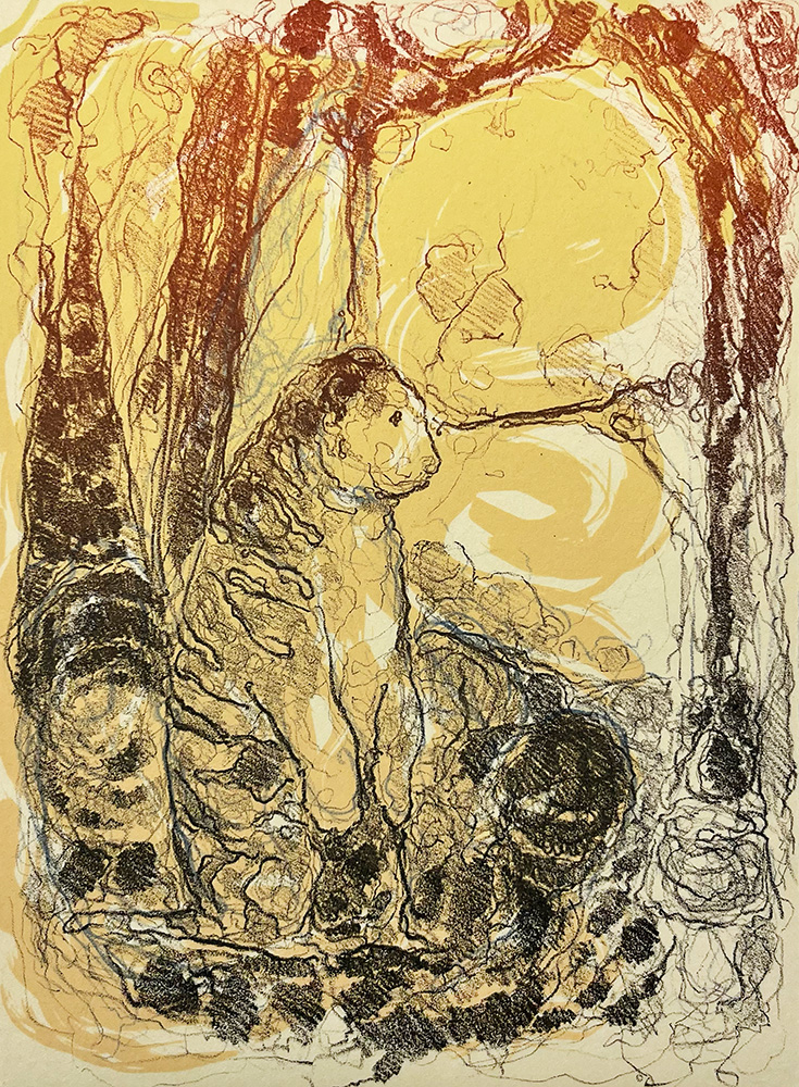 Sketch of a seated figure with animal-like features in a textured, abstract environment with swirling patterns and warm yellow tones.