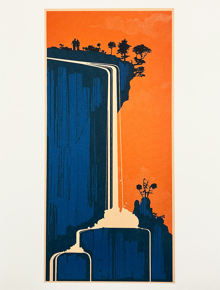 Stylized illustration of a tall waterfall flowing from a cliff with two people and trees silhouetted at the top against an orange sky.