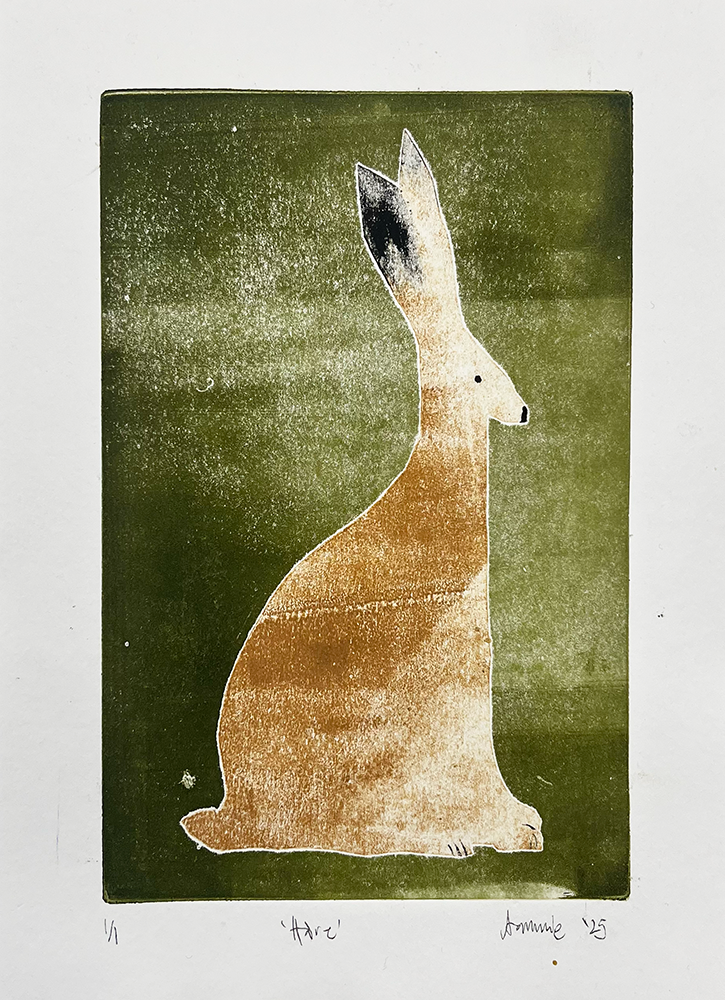 The Hare - Original Mono Type is a minimalist print featuring a brown hare with long ears, sitting upright on a green background.