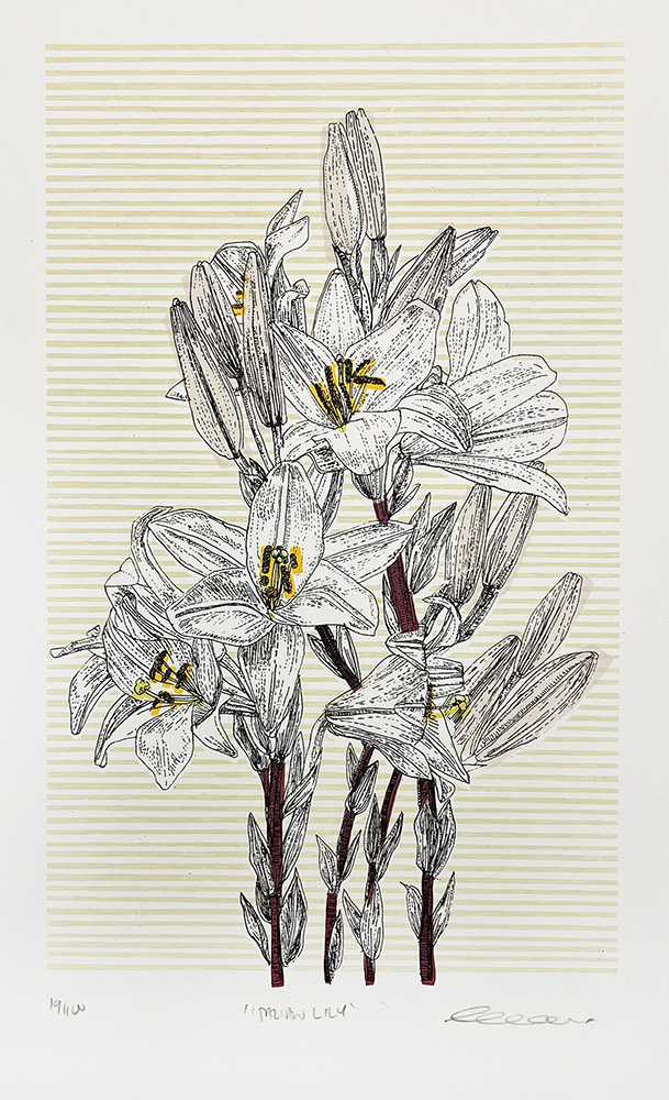Italian Lily - Limited Edition Screen Print features a line drawing of blooming lilies with white petals, yellow centers, maroon stems, and a background of horizontal beige stripes.
