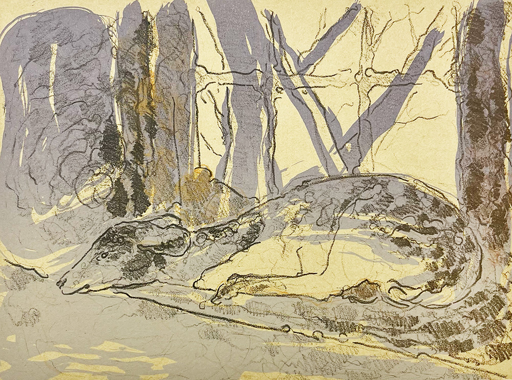 A stylized illustration of a lizard-like creature lying on the ground in a wooded area, with abstract trees and muted earth tones in the background.