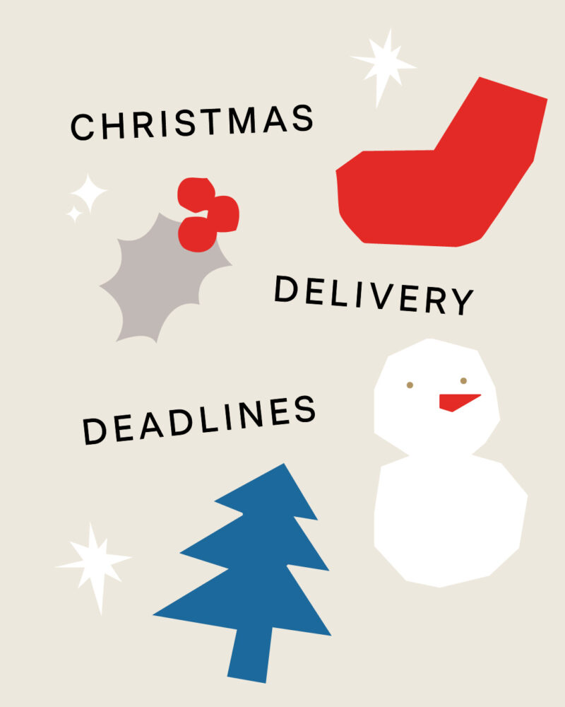 Minimalist graphic with the words "Christmas Delivery Deadlines," featuring a red stocking, blue tree, white snowman, holly, and stars on a light background.