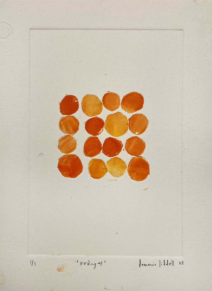 Fifteen orange circles form a grid, painted on white and titled "Orange Stacks - Original Mono Type.