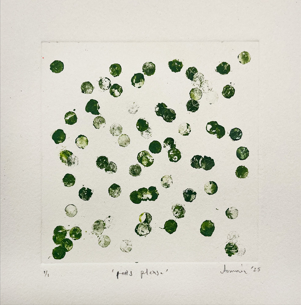 Green circular prints, inspired by Peas Please - Original Mono Type, appear in varying shades and densities across a white square background.