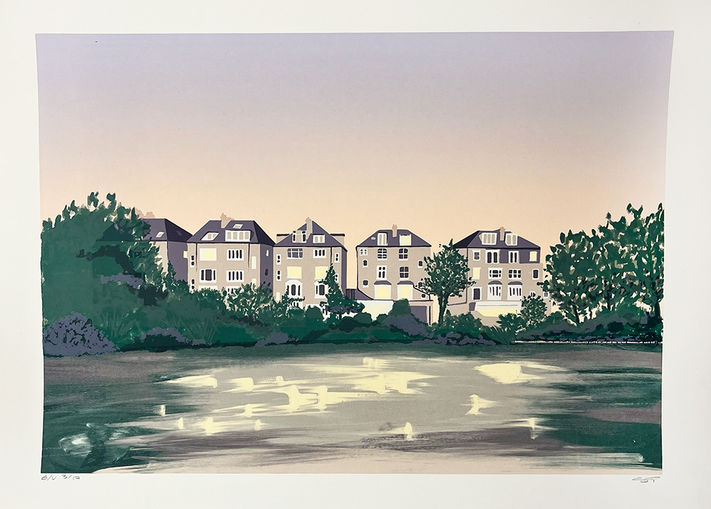 Dusk, Hampstead Ponds - Limited Edition Screen Print depicts multi-story houses behind trees with calm water in the foreground under a pastel dusk sky.