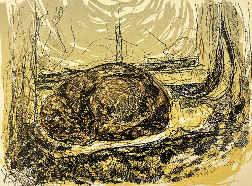 An abstract drawing of a curled-up brown cat resting on a surface, surrounded by expressive, swirling lines in shades of yellow, tan, and black.