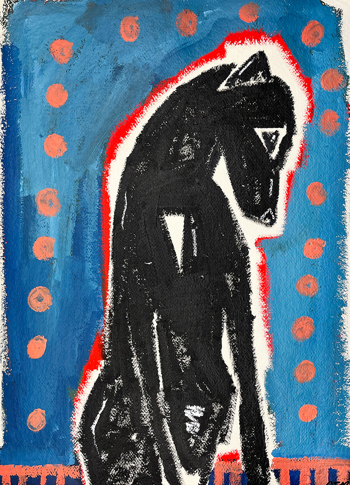 Spotlight - Original on Paper: Abstract painting featuring a black cat-like figure outlined in white and red, set on a blue background with orange dots and a red-and-blue patterned lower border.