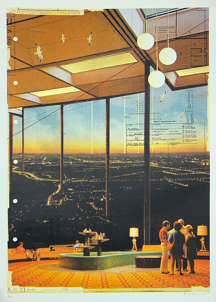 A group of people stand and converse in a modern, high-rise room with floor-to-ceiling windows overlooking a cityscape at dusk.