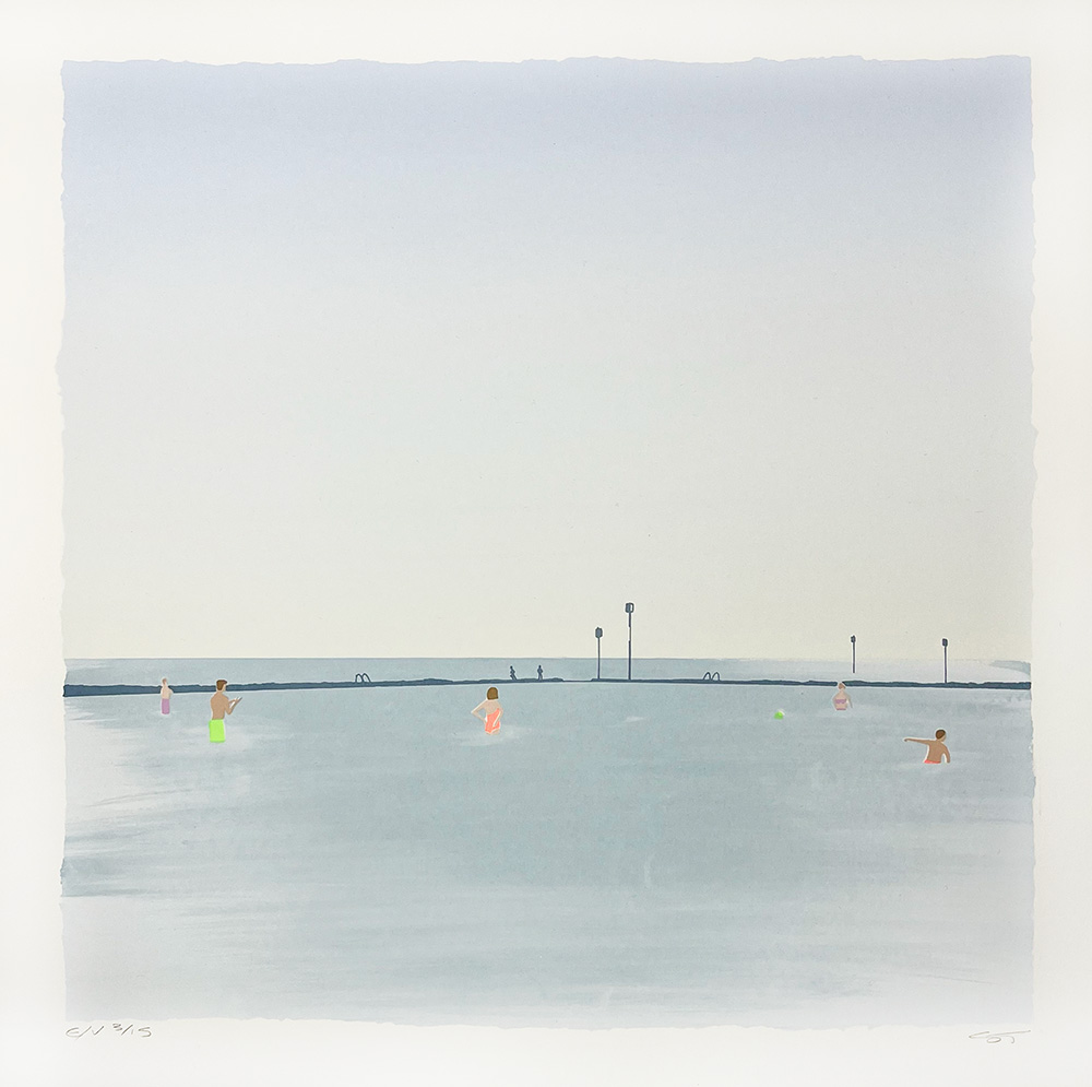 A few people swim and stand in a calm pool with a flat gray pier and light posts behind them beneath a pale sky in “Tidal Pool, Margate - Screen Print.”.