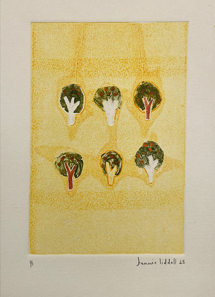 6 Trees - Original Mono Type" is an abstract artwork featuring six stylized trees arranged in two rows against a textured yellow background.