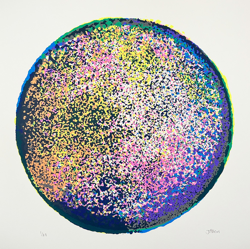A circular abstract artwork filled with dense, multicolored dots in pink, yellow, blue, and purple tones on a white background.