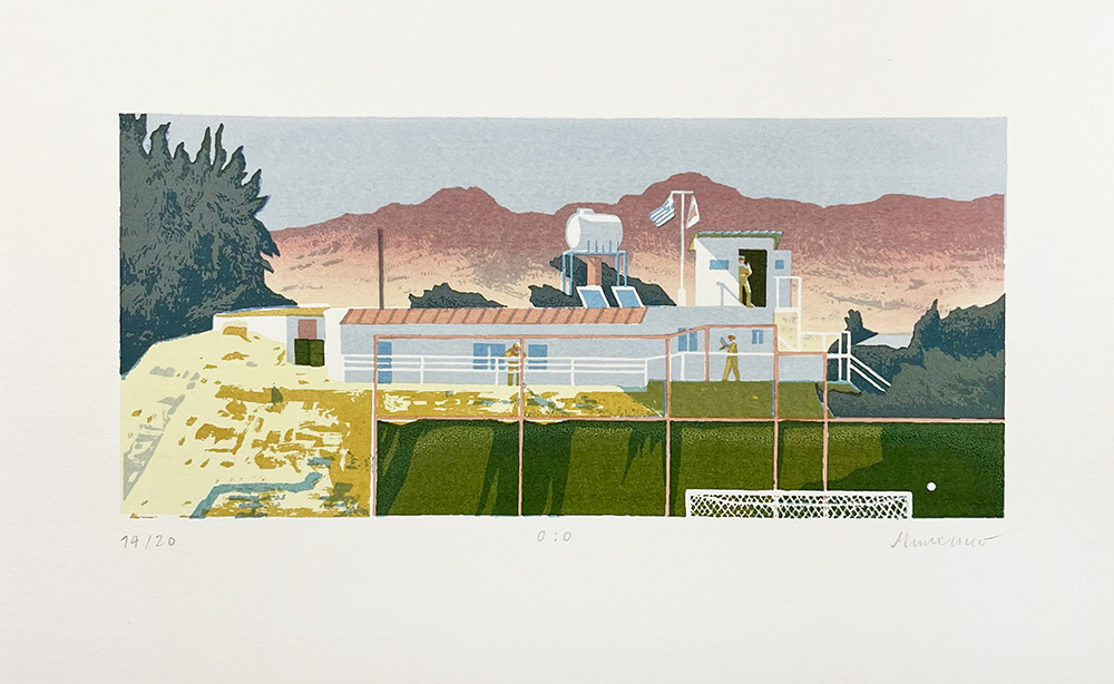 A minimalist illustration of a rectangular building with water tanks on the roof, set against a backdrop of mountains and trees under a subdued sky.