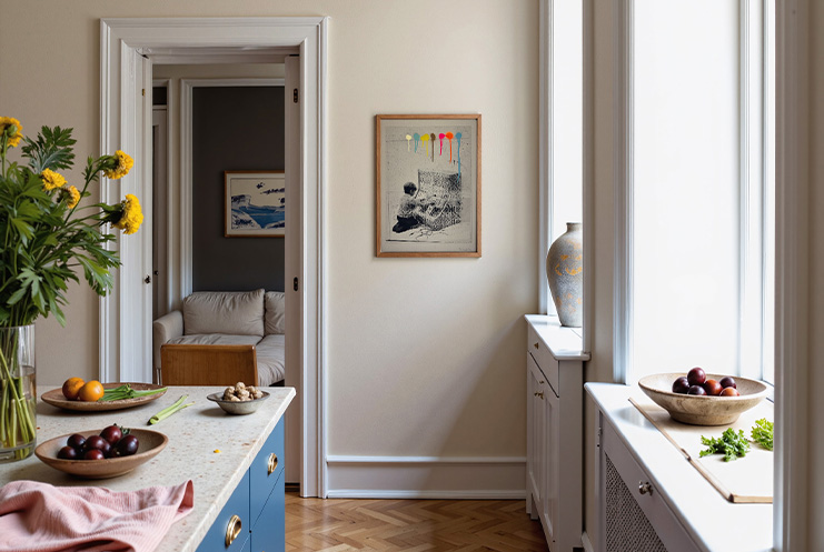 A bright kitchen with a countertop holding fruit bowls and yellow flowers, a hallway decorated with affordable screen prints and artwork, and a glimpse into a cozy room with a sofa.