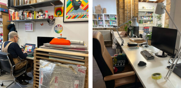 Left: Person working at a desk with art supplies and colorful artwork on the wall. Right: Millers Junction Deskspace featuring an empty desk with computer, lamp, and shelves in the background.