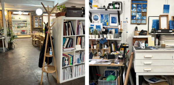 Two images side by side: one shows the organized Millers Junction Deskspace with bookshelves and tables; the other displays a messy artist’s workspace filled with art supplies, tools, and artwork on the wall.