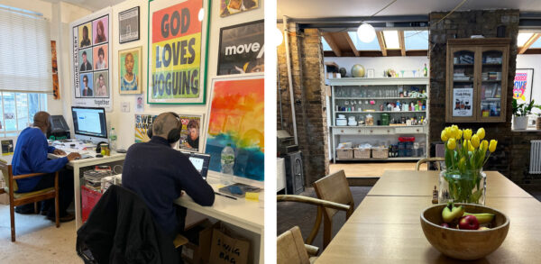 Two side-by-side photos: one of two people working at desks with colorful art at Millers Junction Deskspace, the other of a cozy kitchen with shelves, table, and a vase of yellow tulips.